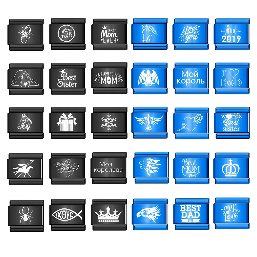 

New Laser Braceket Black Blue Crown Animal Love Mom Dad Italian Links Charm Fit 9mm Stainless Steel Bracelet Jewelry DIY Making