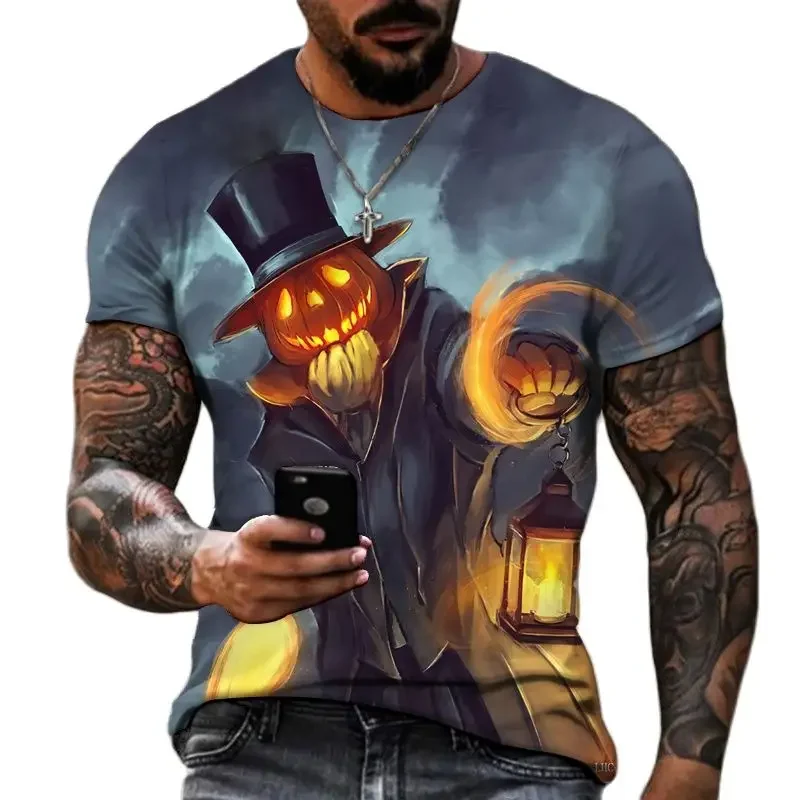 Fashion Terror Funny Pumpkin Shape graphic t shirts For Men Halloween Festival Casual Personality Printed Round Neck Tees Tops