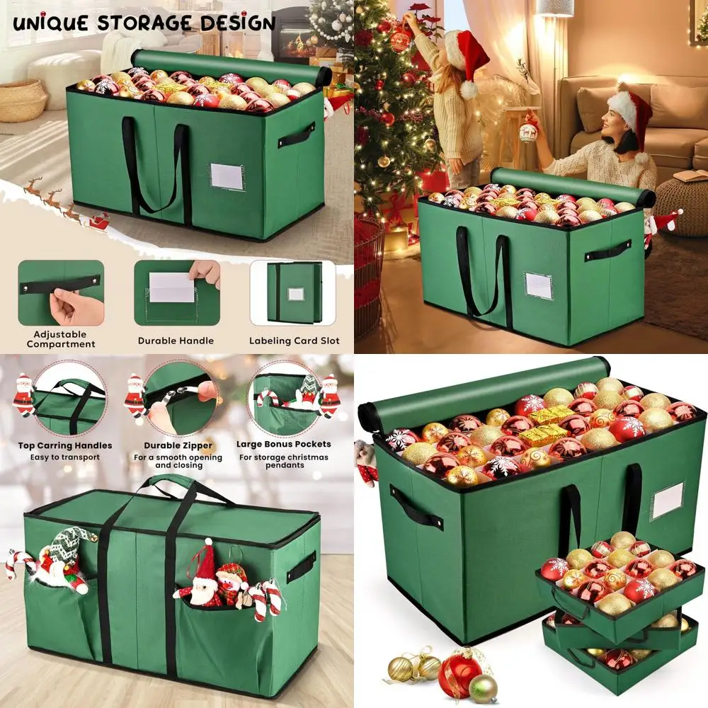 منظم زينة عيد الميلاد باللون الأخضر مكون من 8 صواني - يحمل 128 زينة، 3 بوصة، إغلاق بسحاب مزدوج، صندوق تخزين متين 600D