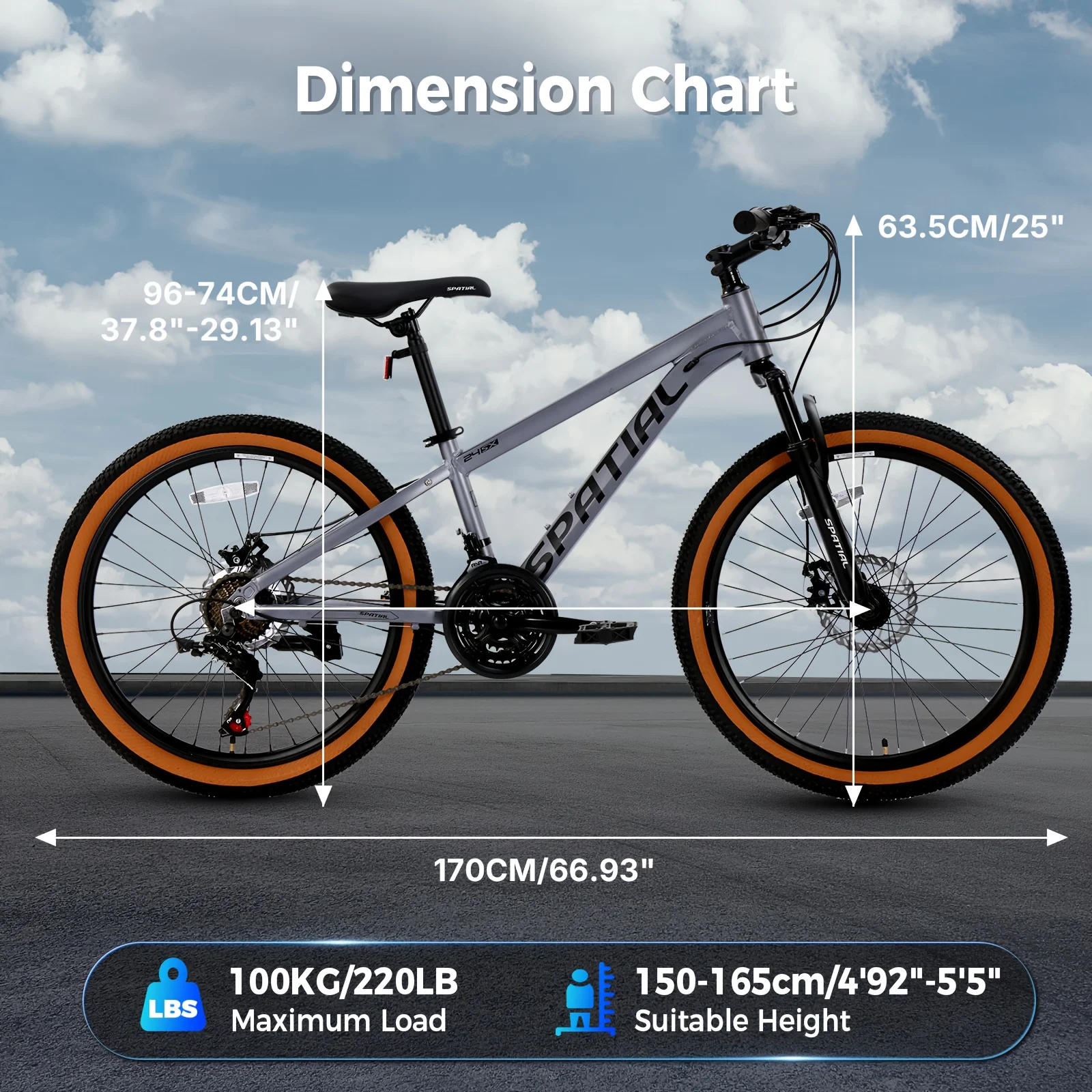 دراجة جبلية SPATIAL مقاس 26 بوصة بإطار سميك، وإطار من الألومنيوم مع فرامل قرصية مزدوجة وتعليق للبالغين #2