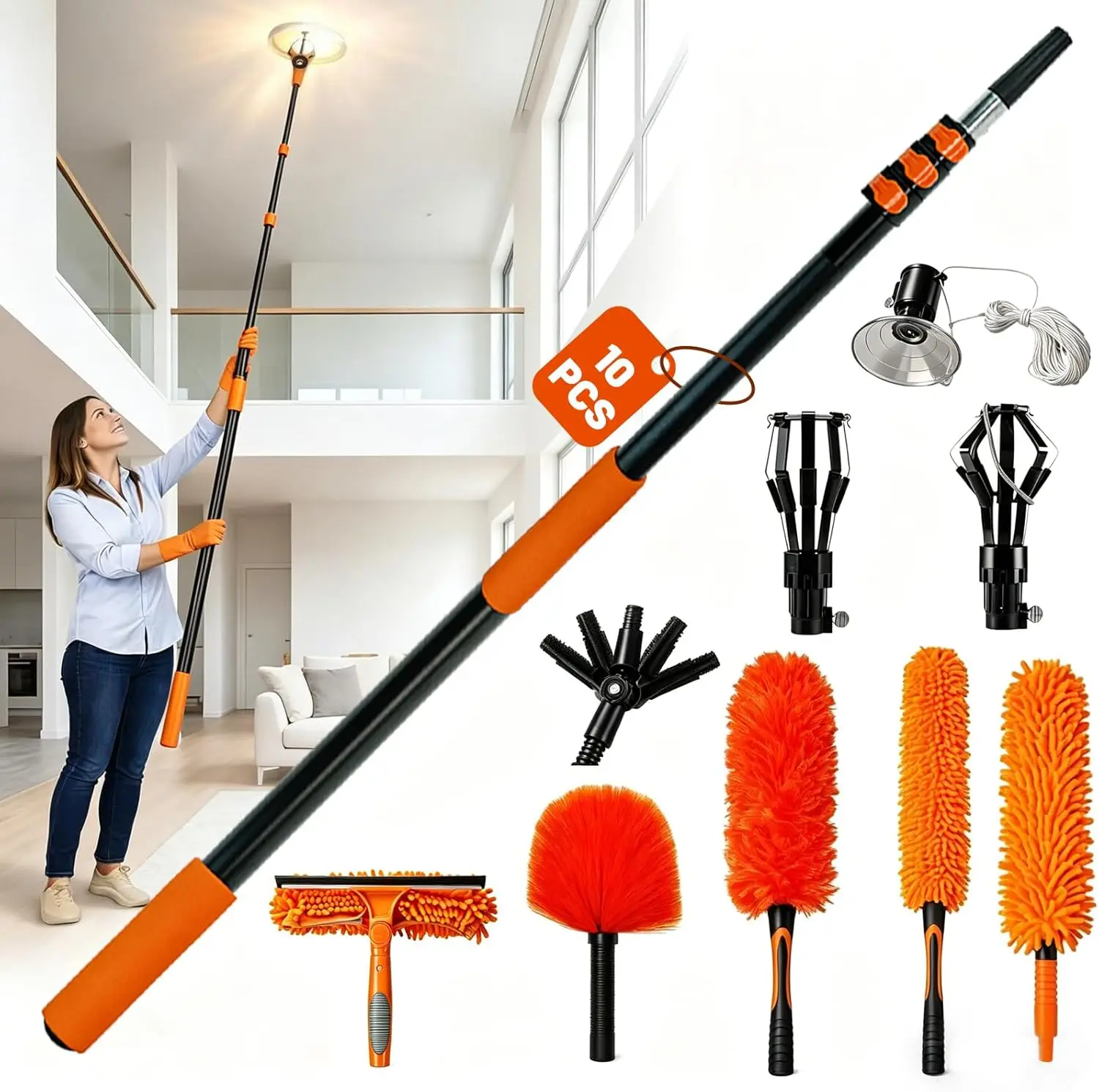 

Light Bulb Changer for High Ceilings Up to 20FT, 10PCS Extension Pole Kit with 360° Swivel Head Bulb Grabber, Ceiling Fan Duster