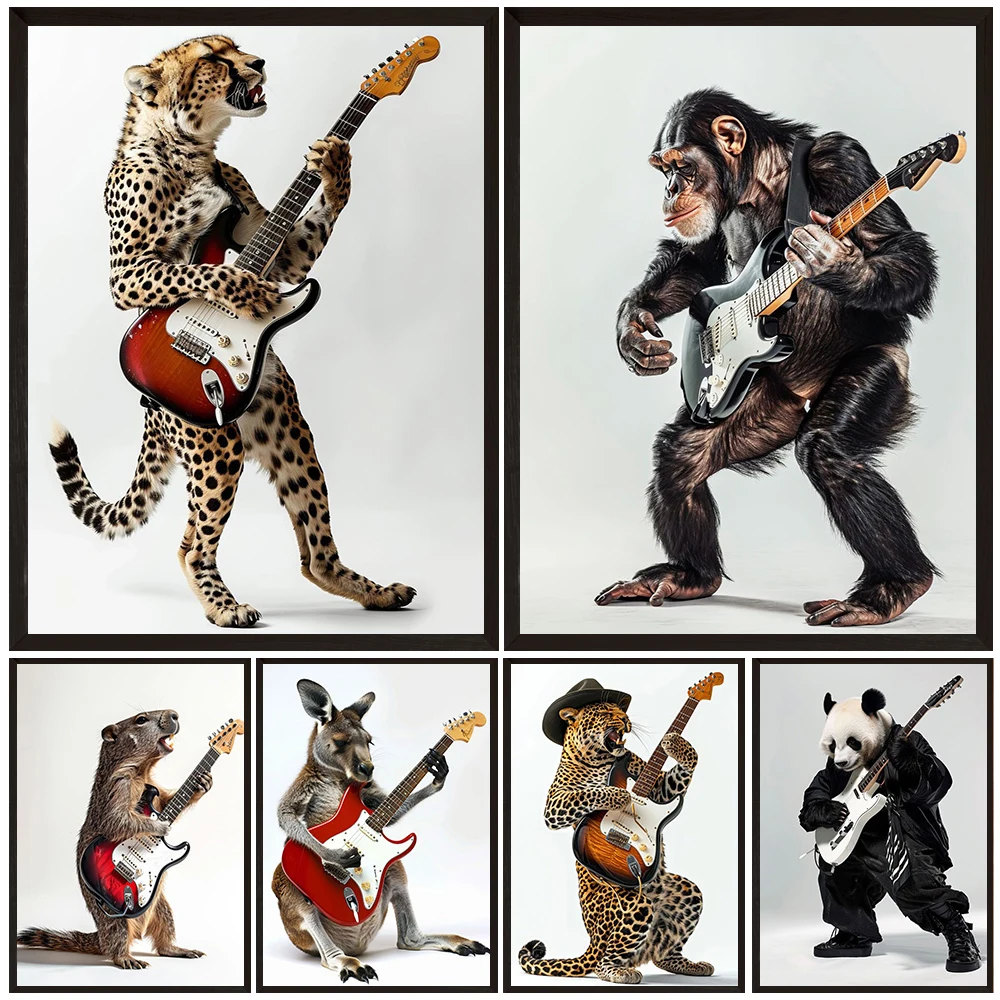 

Wild Animals Playing Guitar Abstract Wall Art Canvas Painting,Funny Animal Musicians,Fantasy Art Poster Print Home Decoration