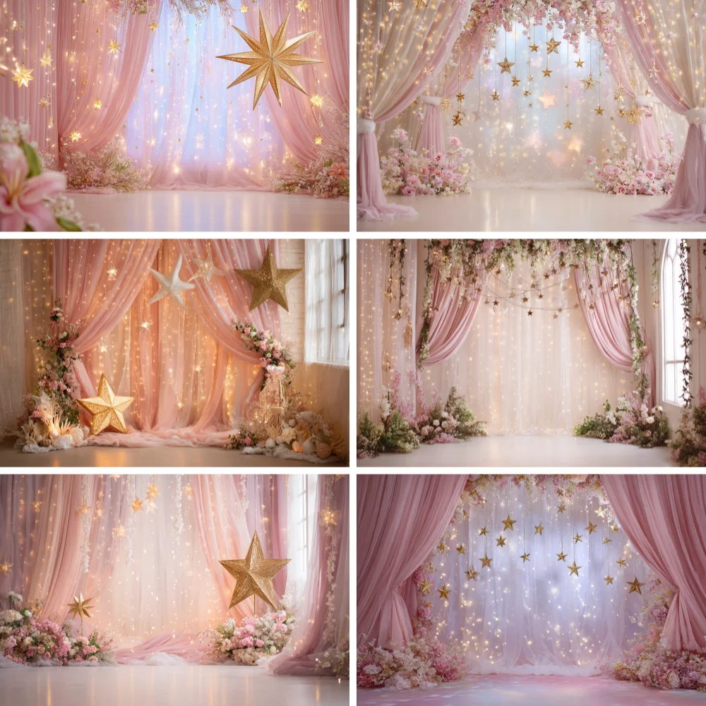 

Pink Shimmer Curtain Photography Background Gold Stars Floral Romantic Birthday Maternity Portrait Decor Photo Studio