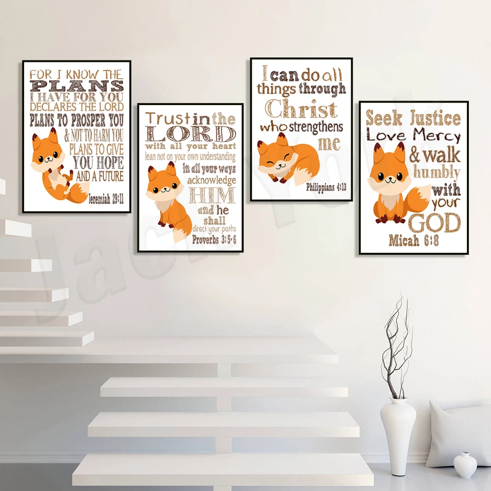 Woodland Fox Christian Bible Verse Quote Nursery Kids Room Wall Art Decor Poster