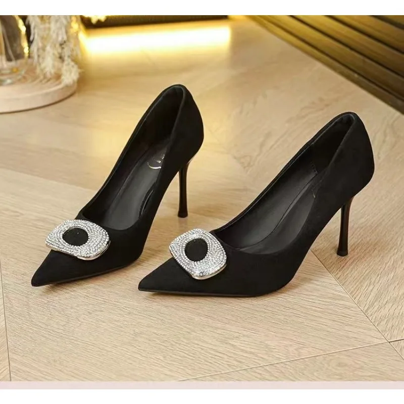 

2026 New High-heeled Pointed Single Shoe with Rhinestone Buckle for Women's Slim High-heeled Shallow Mouth Sexy Single Shoe