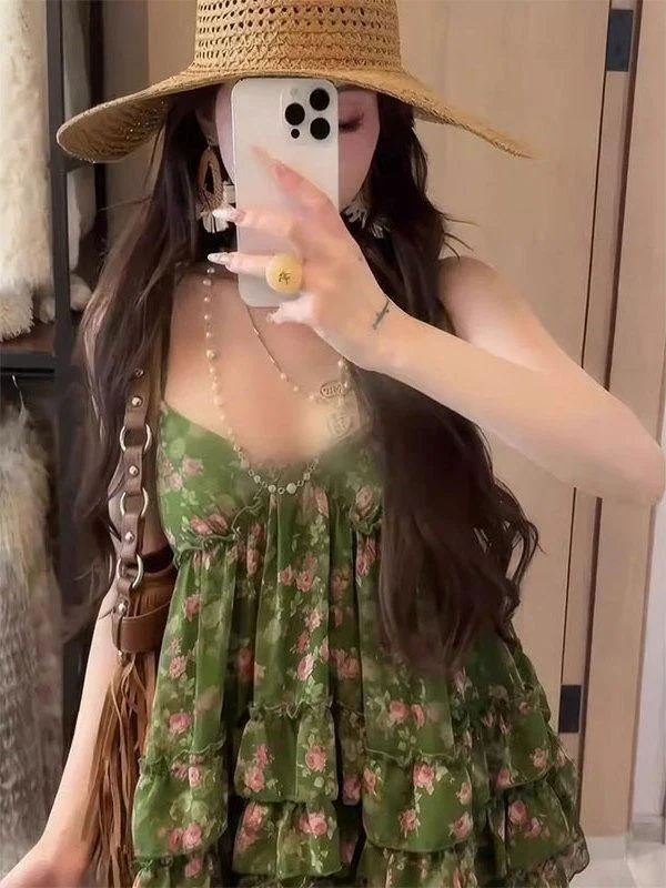 

Sweet Floral Lace Trim Camisole Tank Top plus Size 300 Pounds Women's Summer Vacation Style Loose Fit Casual Print V-Neck