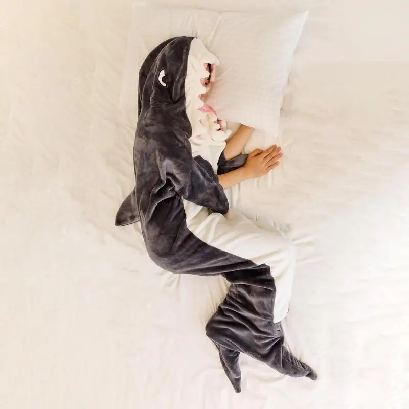 Hooded Shark Blanket Wearable Shark Flannel Onesie Sleeping Bag Lightweight Warm Sleeping Bag for Costume Parties Camping