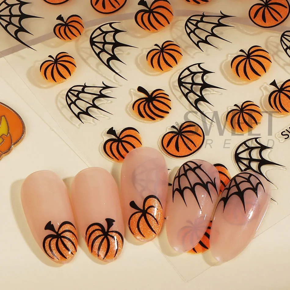 2 Stück Halloween-Nagelaufkleber, niedliches Cartoon-Design mit Kürbis, Fledermaus, Spinnennetz, Stern, Mond, selbstklebende Nagelaufkleber, Maniküre-Dekorationen – Detail 8