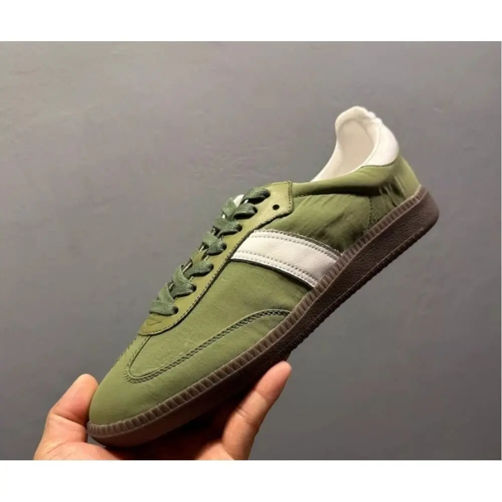 Handcrafted Olive Green Retro Sneaker – Iconic Stripe Detail, Versatile Style for Men