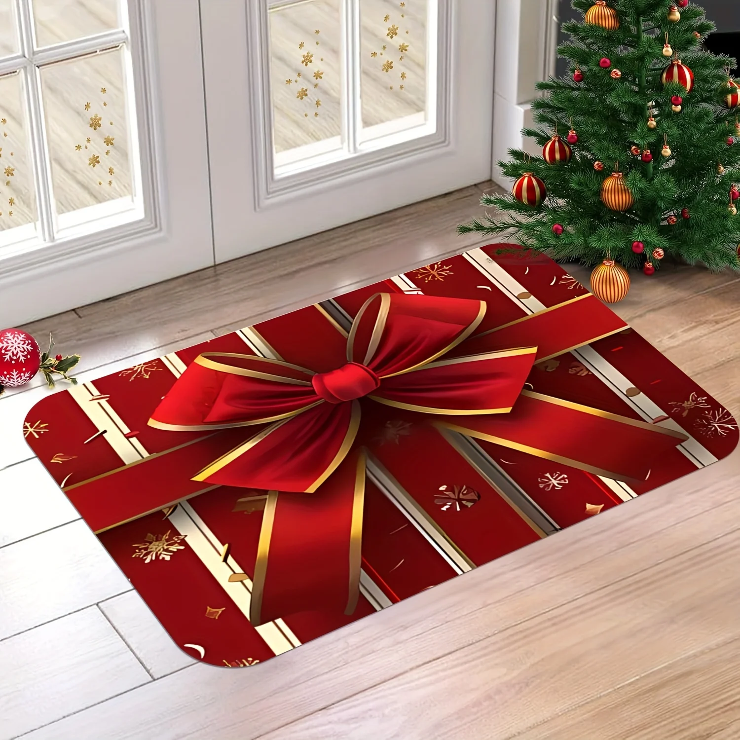 Christmas Gold Bow Gift Box Welcome Mat, Snowflake Design Plush Flannel, Machine Washable for Festive Home Decor