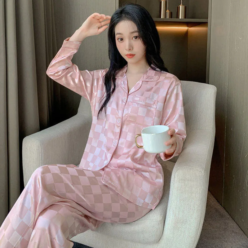 Plus Size Women Pajamas Set Long Sleeves Girl Home Wear Two-Piece Cardigan Solid Plaid Sleepwear Sexy Nightwear Autumn Winter