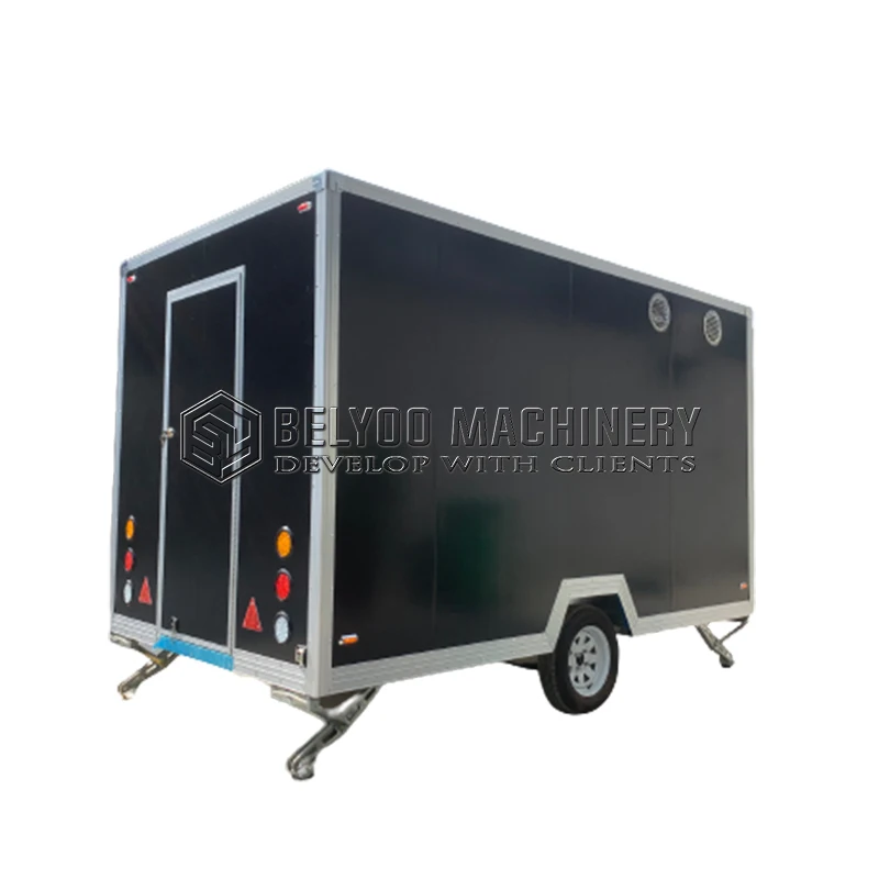 

Belyoo мобильный черный прицеп для еды квадратный прицеп из нержавеющей стали для фаст-фуда с полным кухонным оборудованием фритюрница с морозильной камерой
