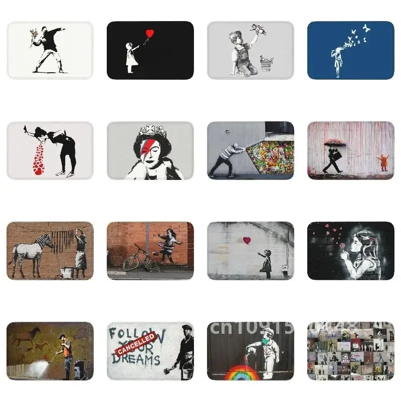 Banksy Rage Flower Bomber Doormat Anti-Slip Kitchen Bath Mat Garden Floor Door Entrance Carpet Rug Toilet Living Room Footpad