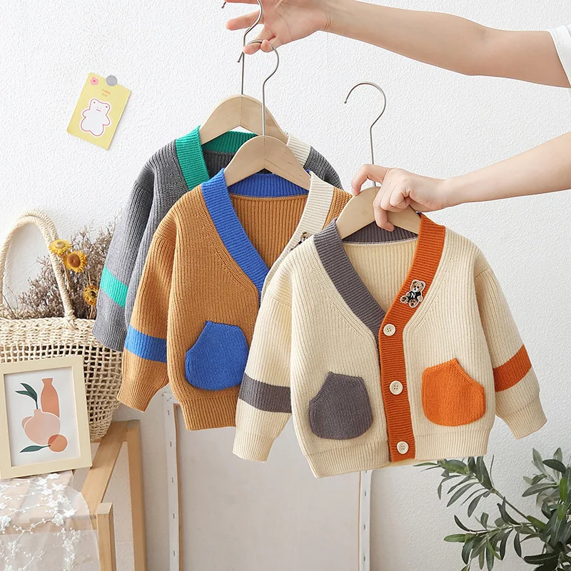 

Autumn Clothes Sweater Boys Girls Kids V-neck Cardigan for Girl Boys Knitted Patchwork Sweater Children Sweater for Boys Girls