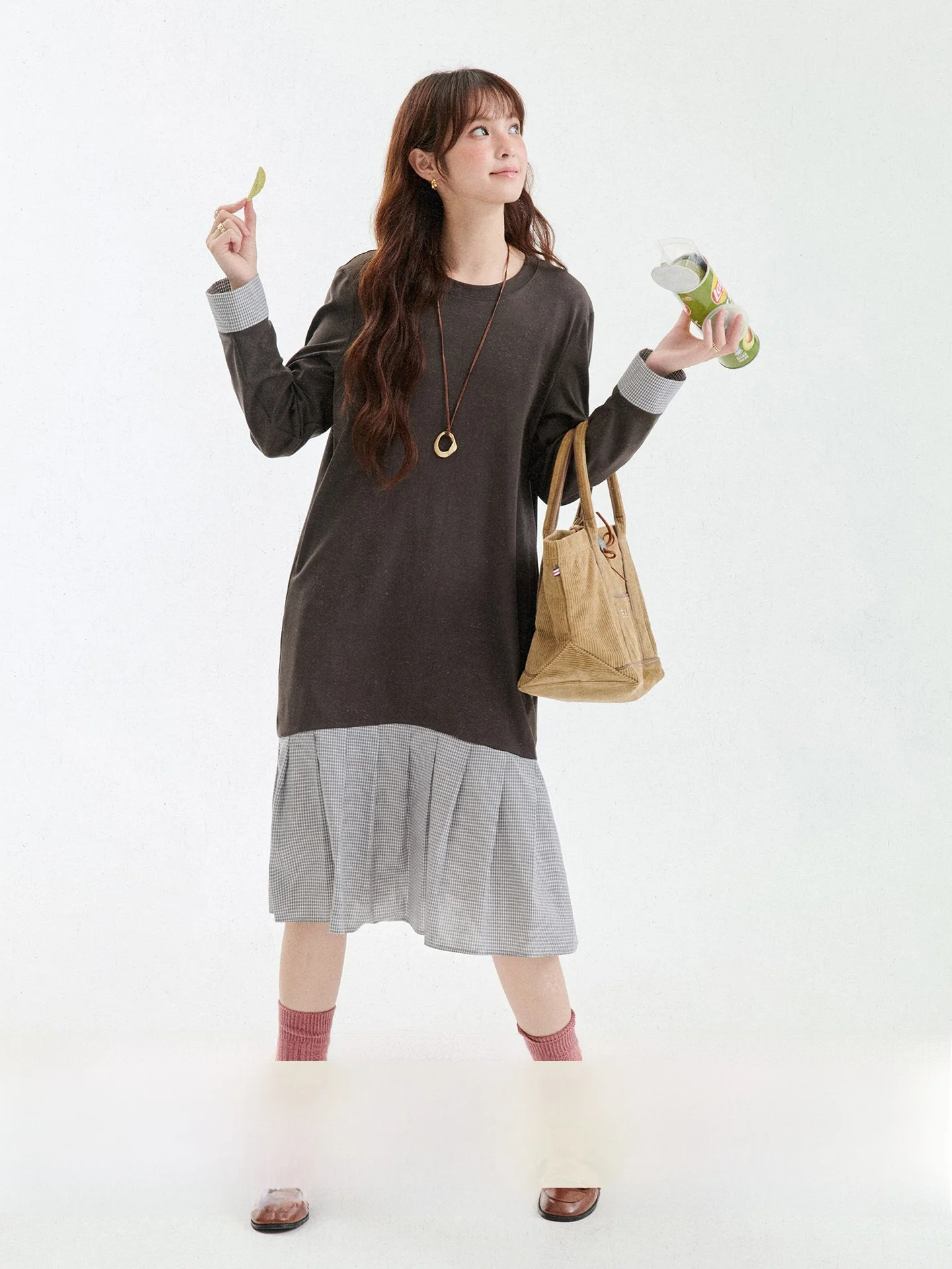 AMUU Original Design Patchwork Plaid Pleated Long Sleeve T-Shirt Dress Women's Autumn New Style Korean Style Loose Waist