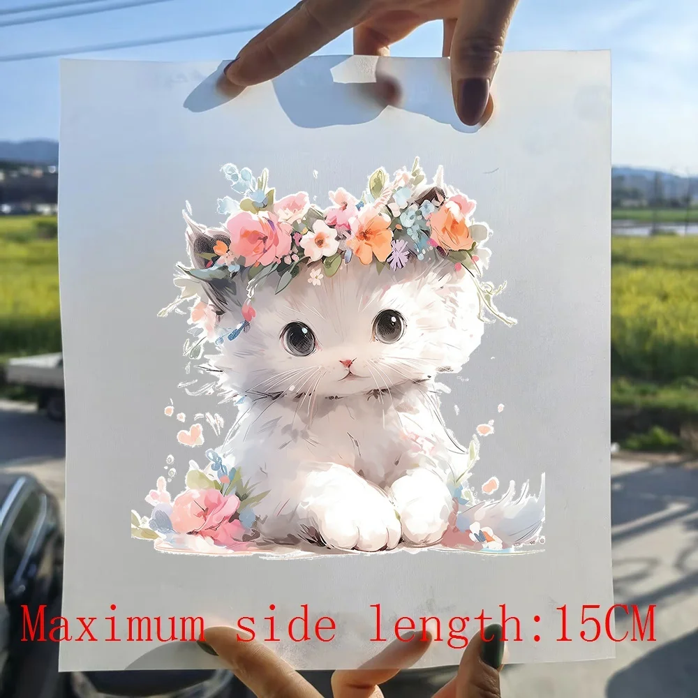 15cm Cartoon Flower Cat  Iron On Heat Transfer Stickers For Clothes DTF Pinted Vinyl Thermal Appliques Washable T-Shirts Decal