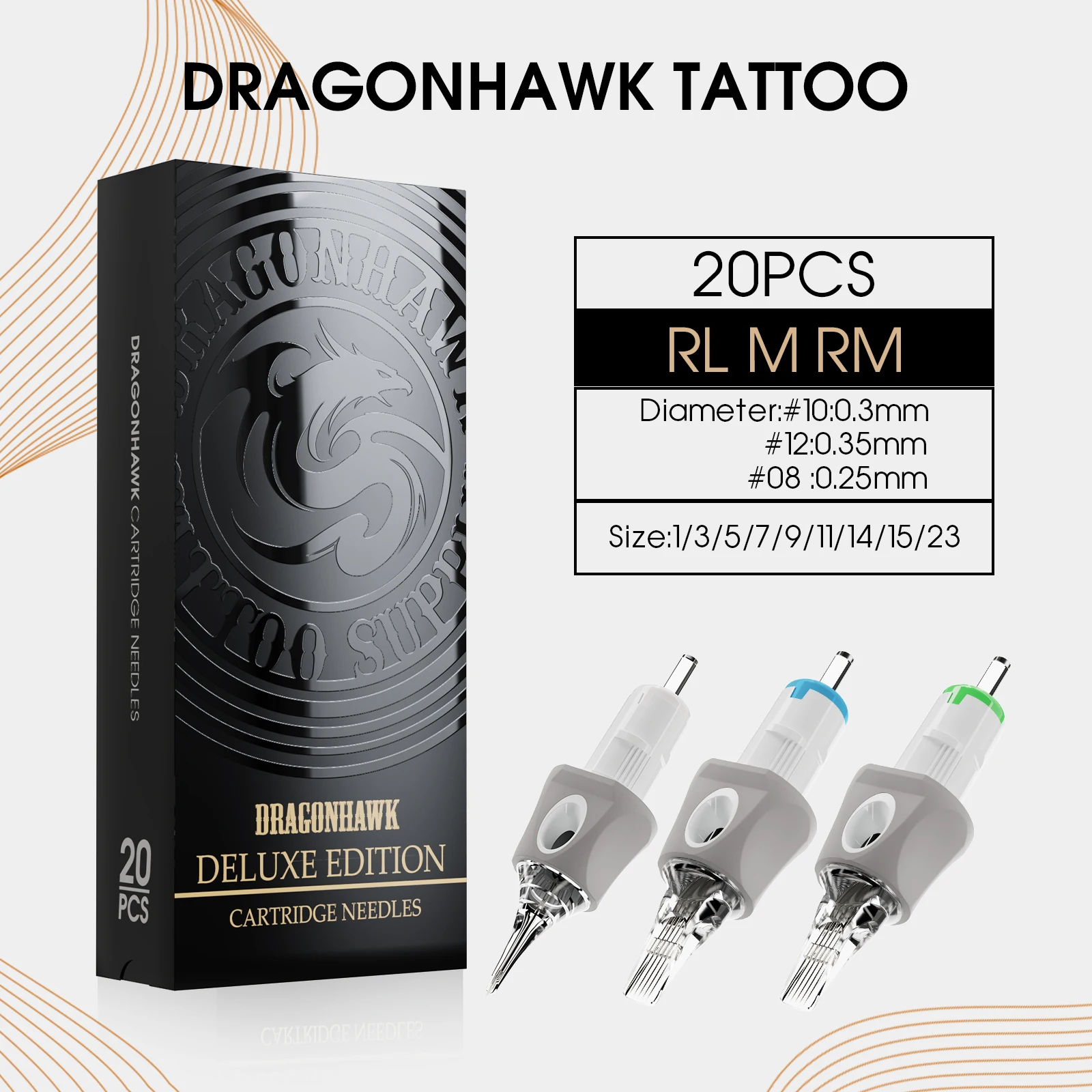 

Dragonhawk Tattoo Cartridges Needles with Silicone Cover Disposable 20pcs for Permanent Makeup or Body Art Work Tattoo Supplies