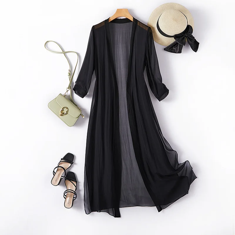 Women 100%Real Silk Elegant Sunscreen Tops, Half Sleeve Solid, Loose Sunshade Coat, 2025 Spring Summer New
