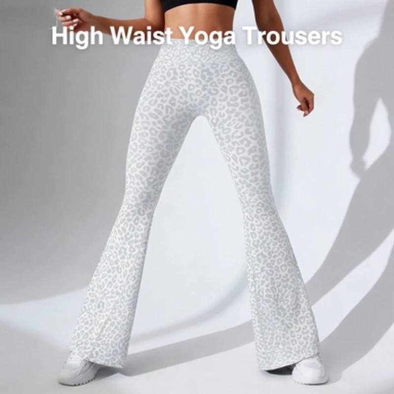 Calças femininas de ioga fitness com estampa de leopardo e costas cruzadas sem costura