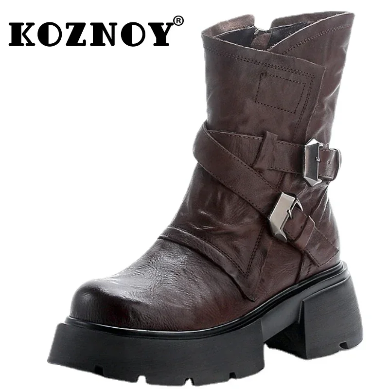 

Koznoy 6cm British Cow Genuine Leather Women Autumn Spring Fashion Winter Cushioned ZIP Plush Chelsea Chimney Ankle Boots Shoes