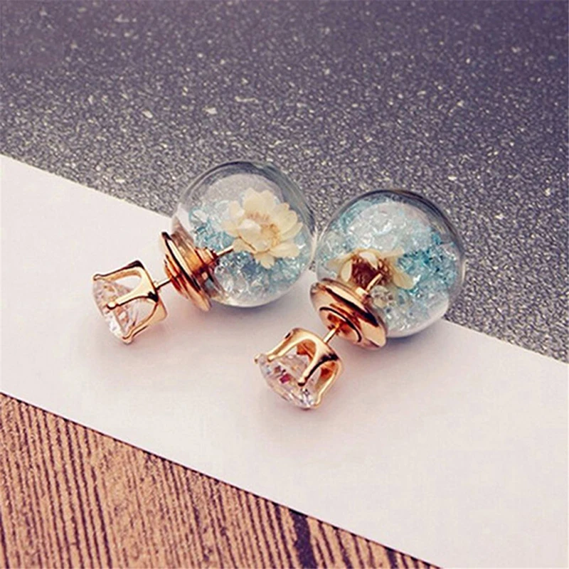 Fashion Simulated Glass Ball Earrings Flower Korea Jewelry Double Side Ball Stud Earring Statement For Women