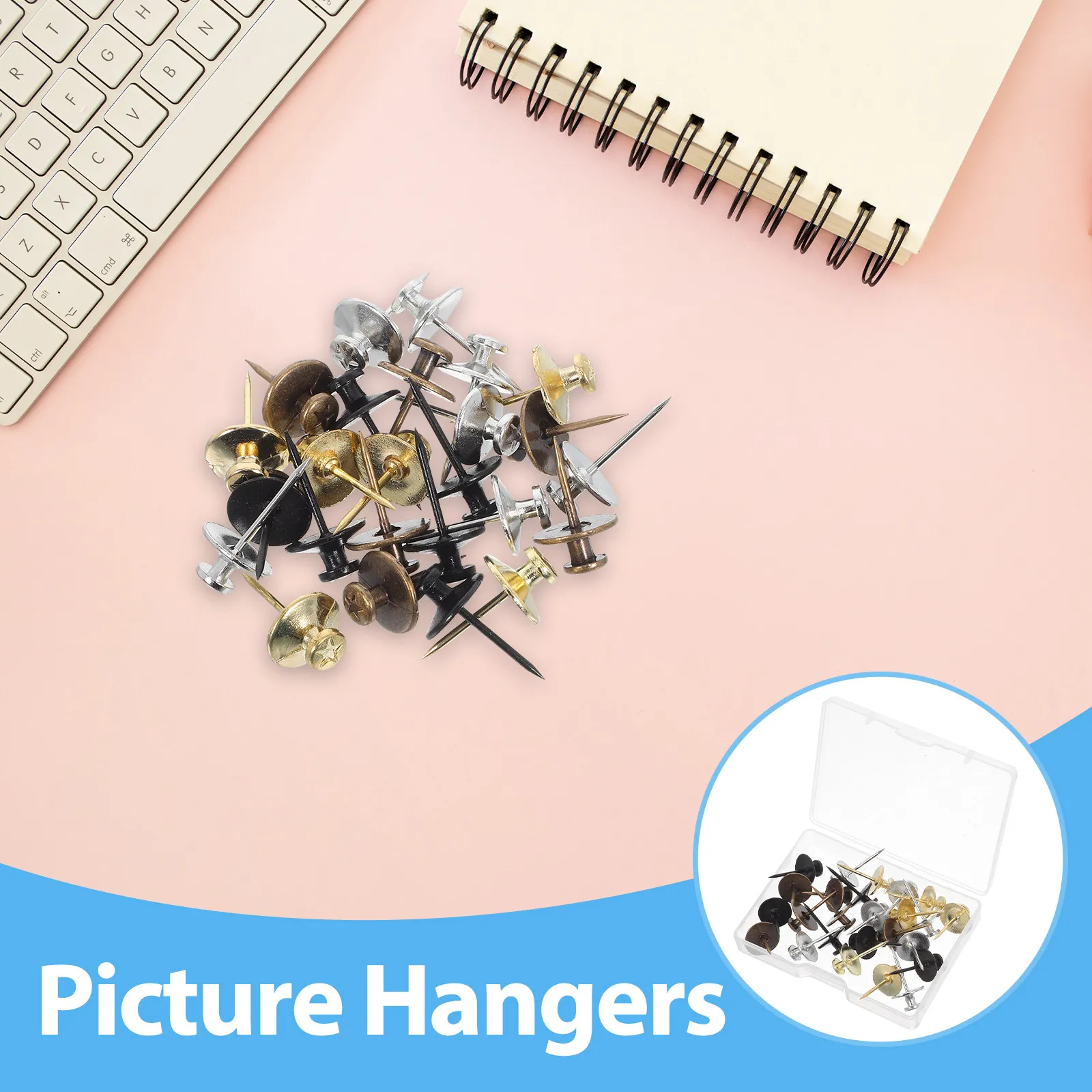 25Pcs Space Saving Picture Hanging Hooks Zinc Alloy Double Head Flat Thumb Tacks for Bulletin Board Wall Decor Frame Nails Tacks