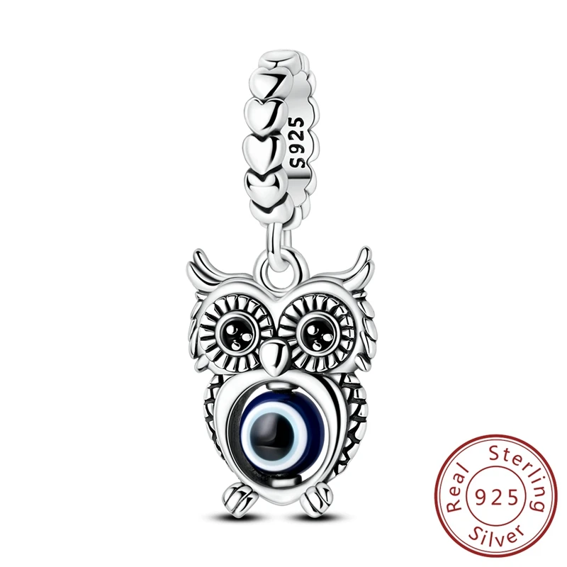 

925 Sterling Silver Owl Fiend's Gaze Blue Evil Demon's Eyed Pendant Charm Fit Original Charm Bracelets Women DIY Jewelry Gift