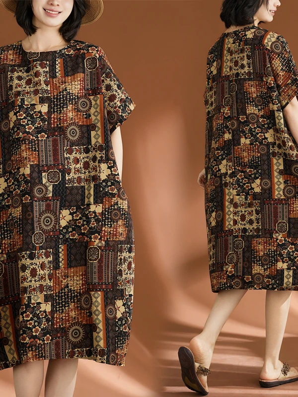 

Skin-Friendly Cotton Linen Short-Sleeve round Neck Thin Dress Medium-Length Dress for plus Size Women Comfortable Loose Fit C...