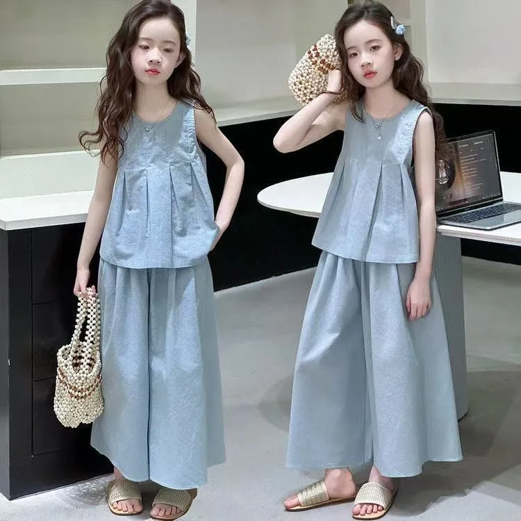 

2026 New Summer Girls 2 Piece Outfits Korean Style Solid Color Sweet Sleeveless Vest Wide Leg Pants Sets for Big Kids
