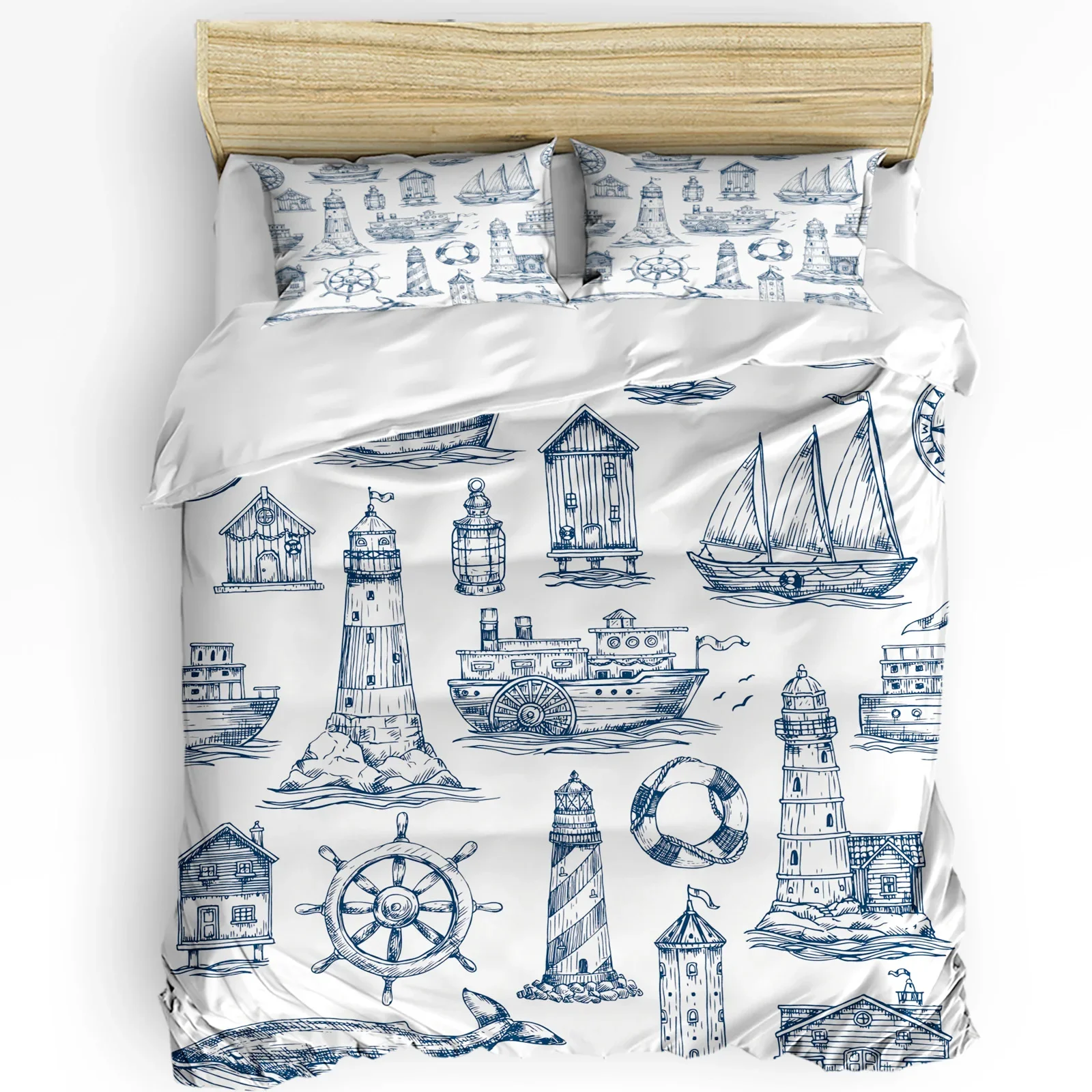 

Nautical Anchor Ship Lighthouse Whale Art 3pcs Bedding Set For Double Bed Home Textile Duvet Cover Quilt Cover Pillowcase