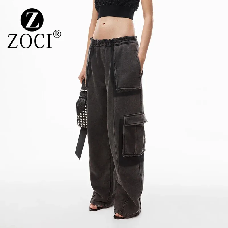 [ZOCI]Niche 2024 Autumn Winter Item Solid Color Elastic Waist Multi Pocket Workwear Denim Pants Women New