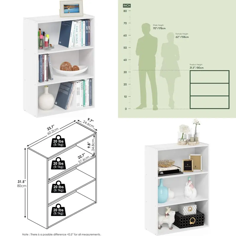 

3-Tier Bookshelf, Storage Unit, 9.7x23.7x31.5, Suitable for Living Room, Bedroom, Home Office, Plain White