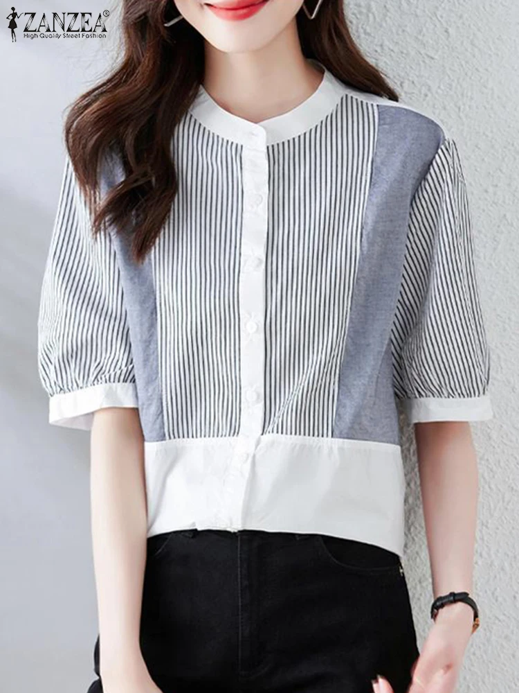 ZANZEA Oversized Patchwork All-match Blusas Stripes Shirt Women Korean Half Sleeve Blouse Tops 2024 Summer Fashion Buttons Tunic