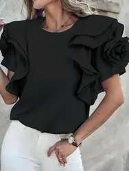 Women's Summer T-shirt Solid Color Cotton Blended Shirt Round Neck Short Sleeve Ruffled Loose Fit Shit Top 2024 New