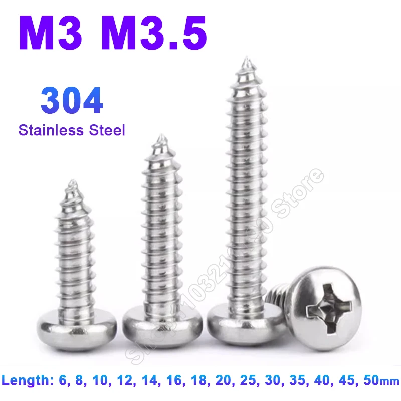 20-100Pcs Cross Recessed Phillips Pan Round Head Tapping Screws 304Stainless Steel M3 M3.5 Self-tapping Wood Screw Length 6-50mm