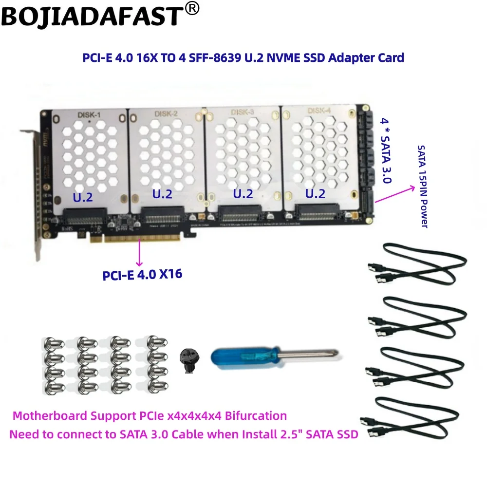 

PCI Express PCI-E 4.0 16X-4 порта SFF-8639 Карта адаптера разъема U.2 для U2 NVME SSD/2.5" SATA SSD