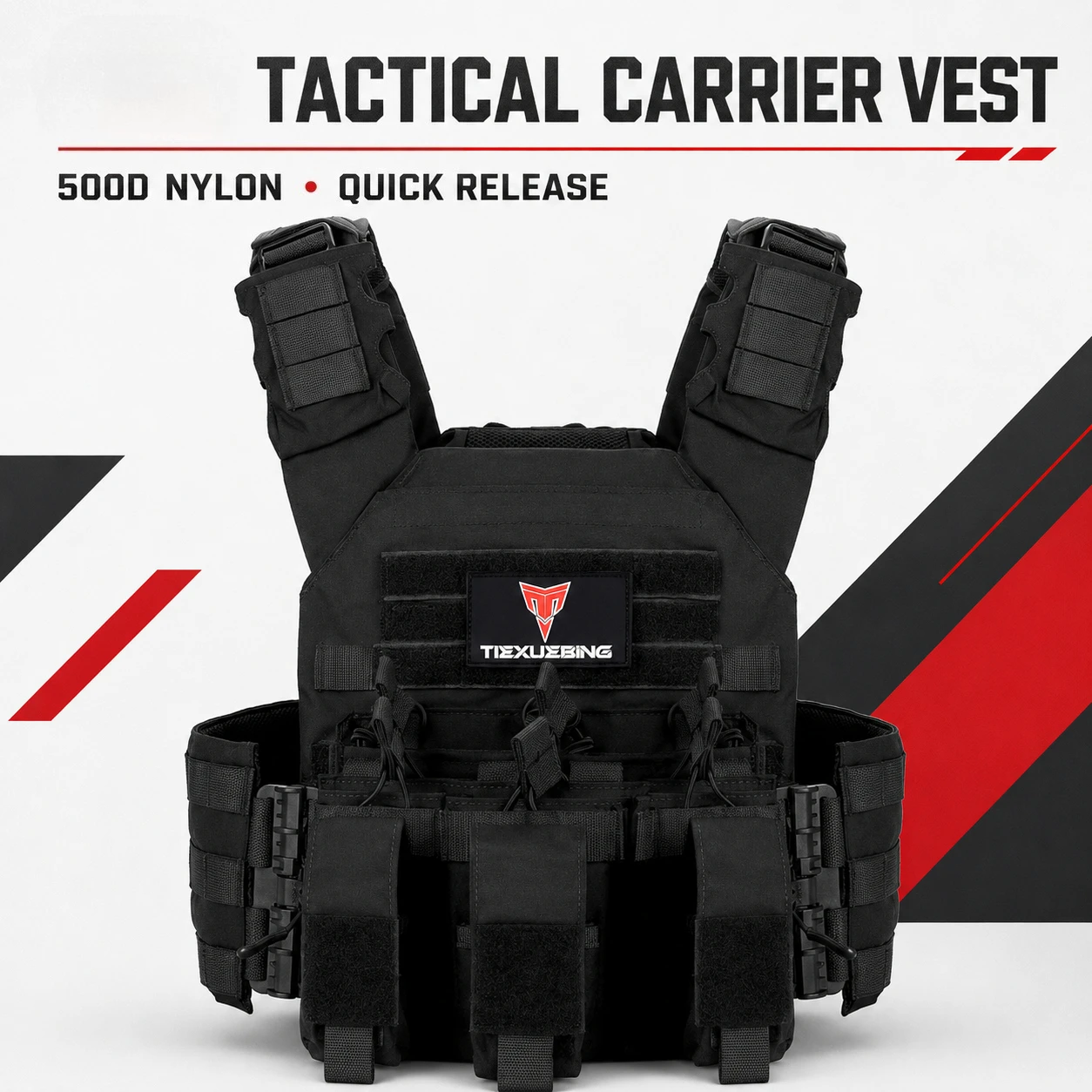 TIEXUEBING Tactical Plate Carrier Vest 500D Nylon Quick Release MOLLE Storage Gear for Outdoor Cycling Hiking Training