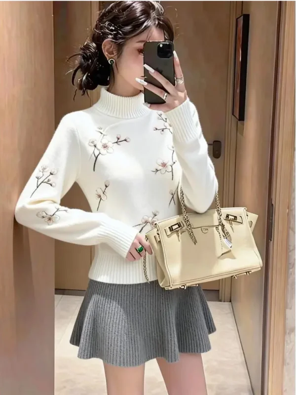 Elegant Chinese Style Embroidered Plum Blossom Knitted Sweater Women's Fashionable Warm Stand Collar Long Sleeve Winter Top
