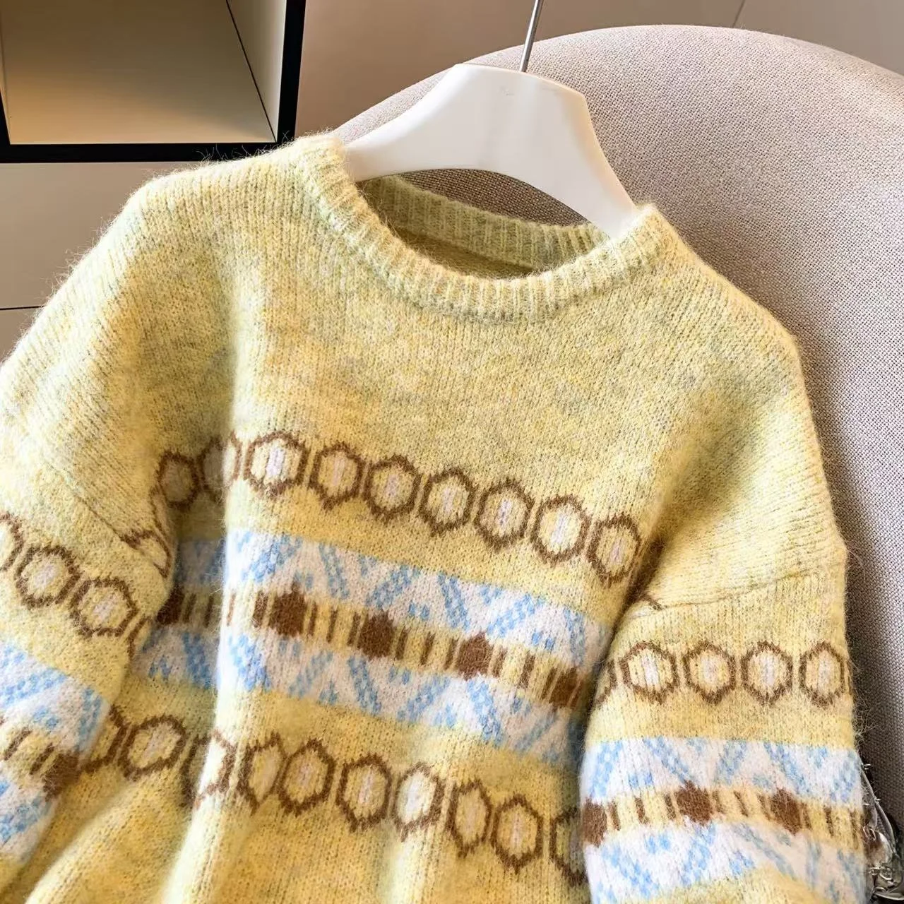 الأصفر الرجعية المرأة تريكو الخريف الشتاء Thiened جديد Sle Fair Isle التطريز تصميم فضفاض ملابس داخلية تخفيف مستقيم...