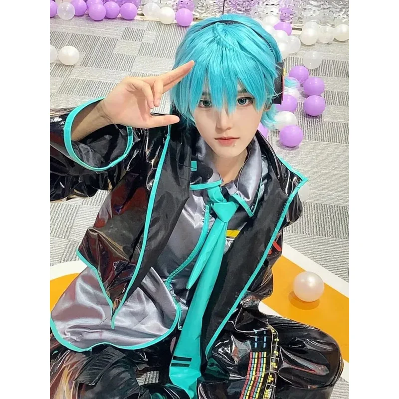 미쿠 코스프레 의상 가발 풀 세트 검은 가죽 천 패브릭 정장 Mikuo 남성 스타일 유니폼 정장 할로윈 vl;6