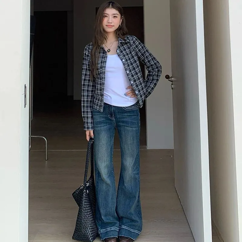 Low Waist Bell Bottom Denim Jeans Women's Elastic Slimming Pants Spring Autumn Fashion Design Cotton Stretch Denim Jeans