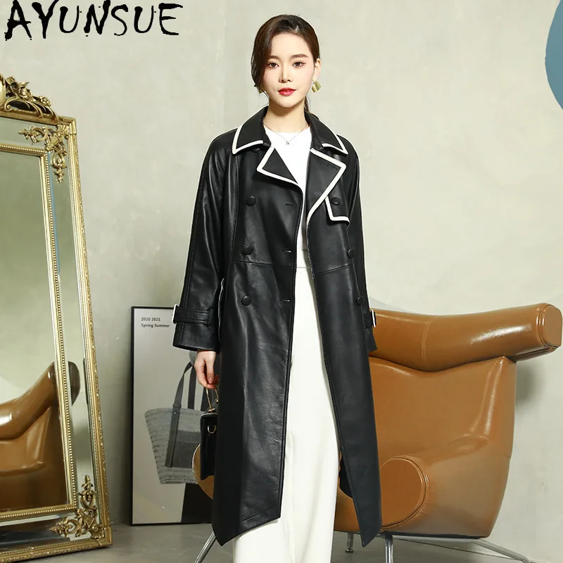 AYUNSUE Kurtka Damska z Naturalnej Skóry 2025 100% Skóra Owcza Kurtki Damskie Wiosna Jesień Odzież Długa Косуха Женская Casual