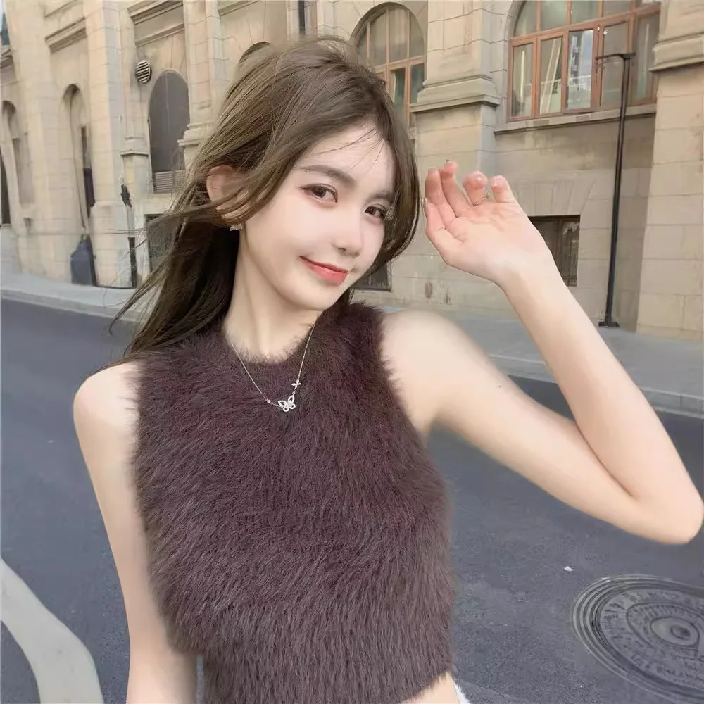 Mink Fur Vest For Women In Autumn Winter, Sexy Sleeveless Furry Short Top, Soft And Sticky, With Plush Bottom Layer