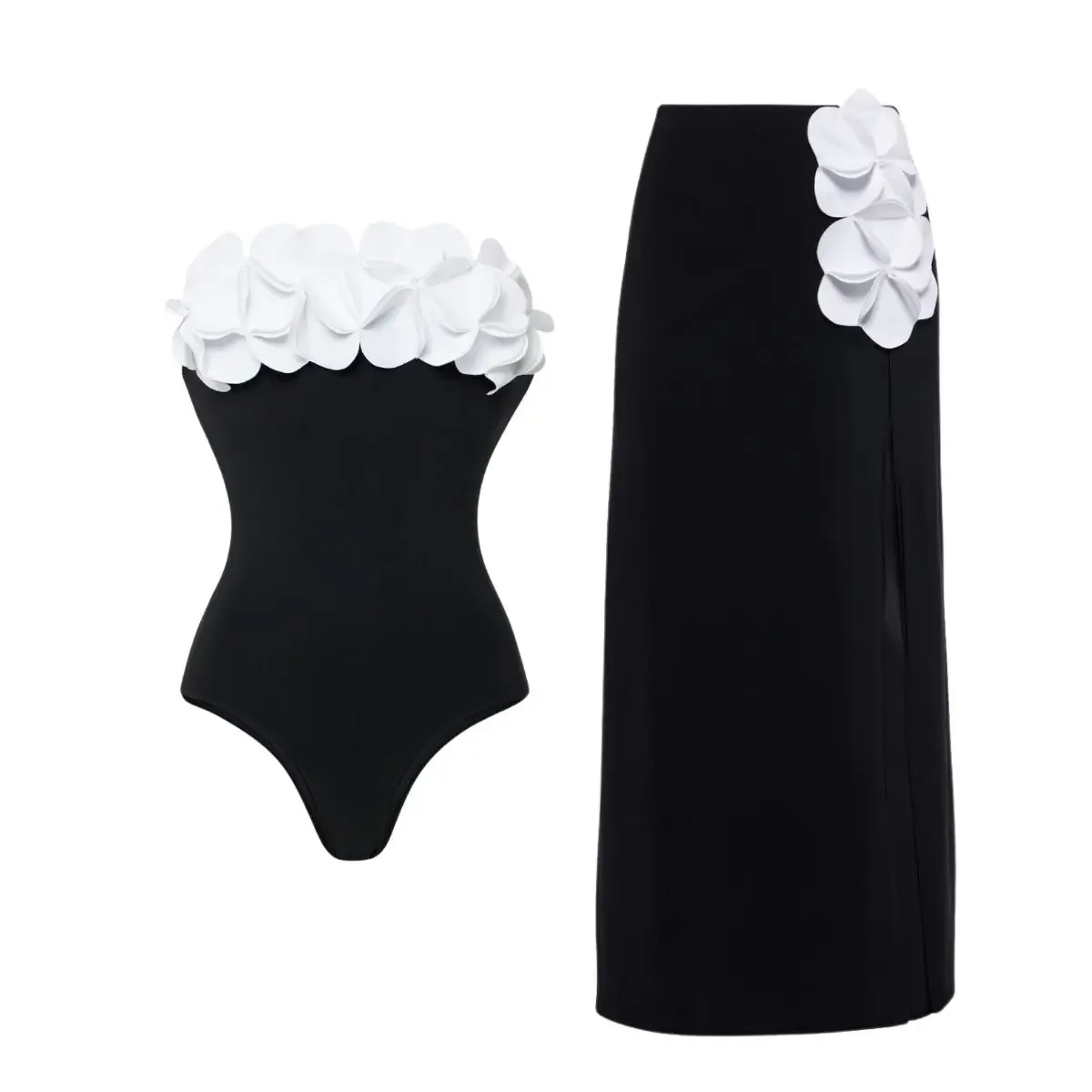 FLAXMAKER Jednoczęściowy kostium kąpielowy i spódnica Bandeau 3D Flower Color Block