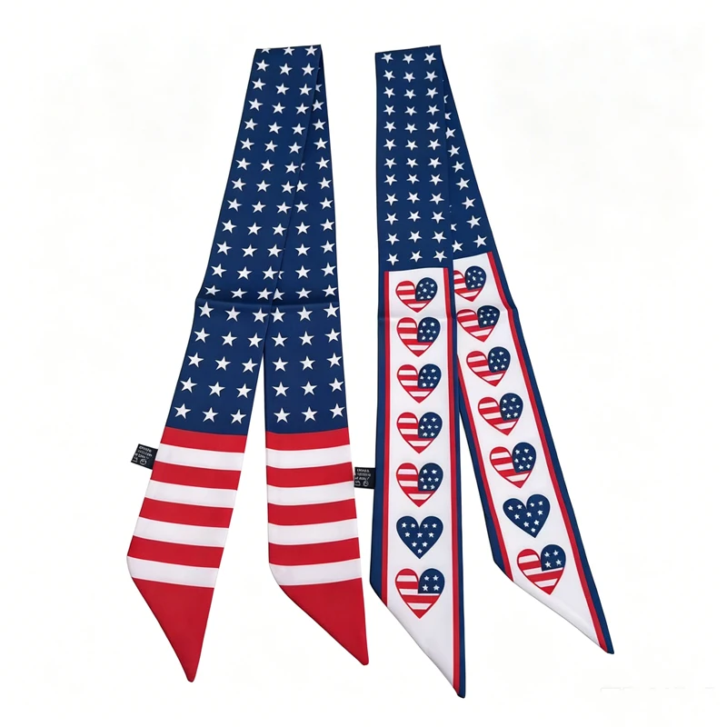 

4th of July USA Flag Skinny Scarf for Women Satin Independence Day Neckerchief Multi-use Hair Scarf Bag Wrap Soft Neck Scarf