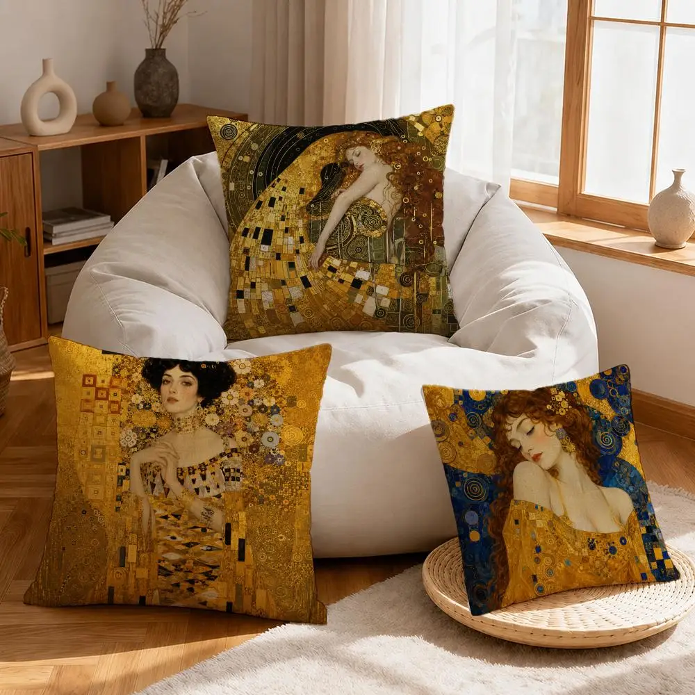 Artist Gustav Klimt Cushion Cover Linen Anti-Mite Antibacterial Cushion Cover Invisible Zipper Sofa Decor