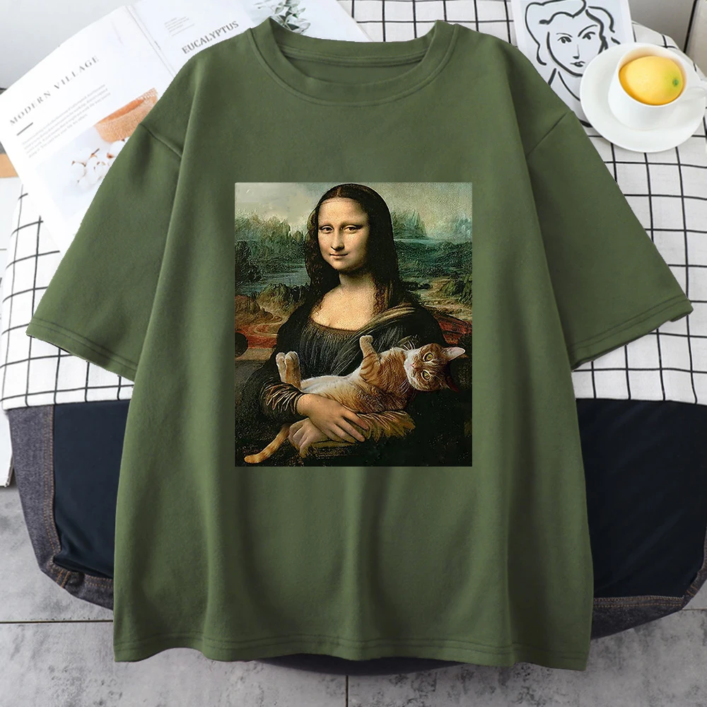 Funny Mona Lisa And Cat Printed T-Shirt For Men Summer Cotton T Shirt Loose Breathable Clothing Street Fashion Casual Short Tees