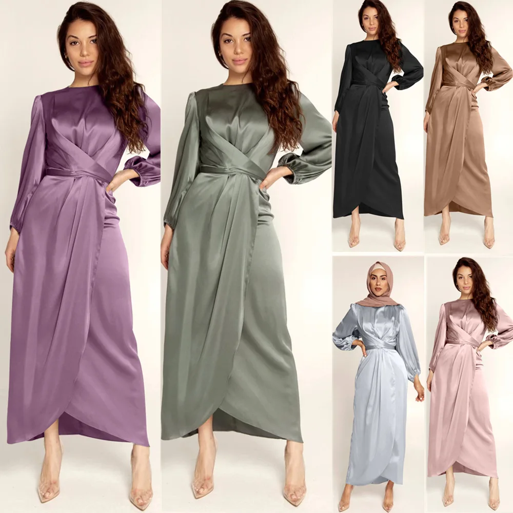 Gaun Abaya Arab warna Solid Satin halus bungkus depan Self-tie Abaya pakaian Islami elegan untuk pakaian pesta wanita