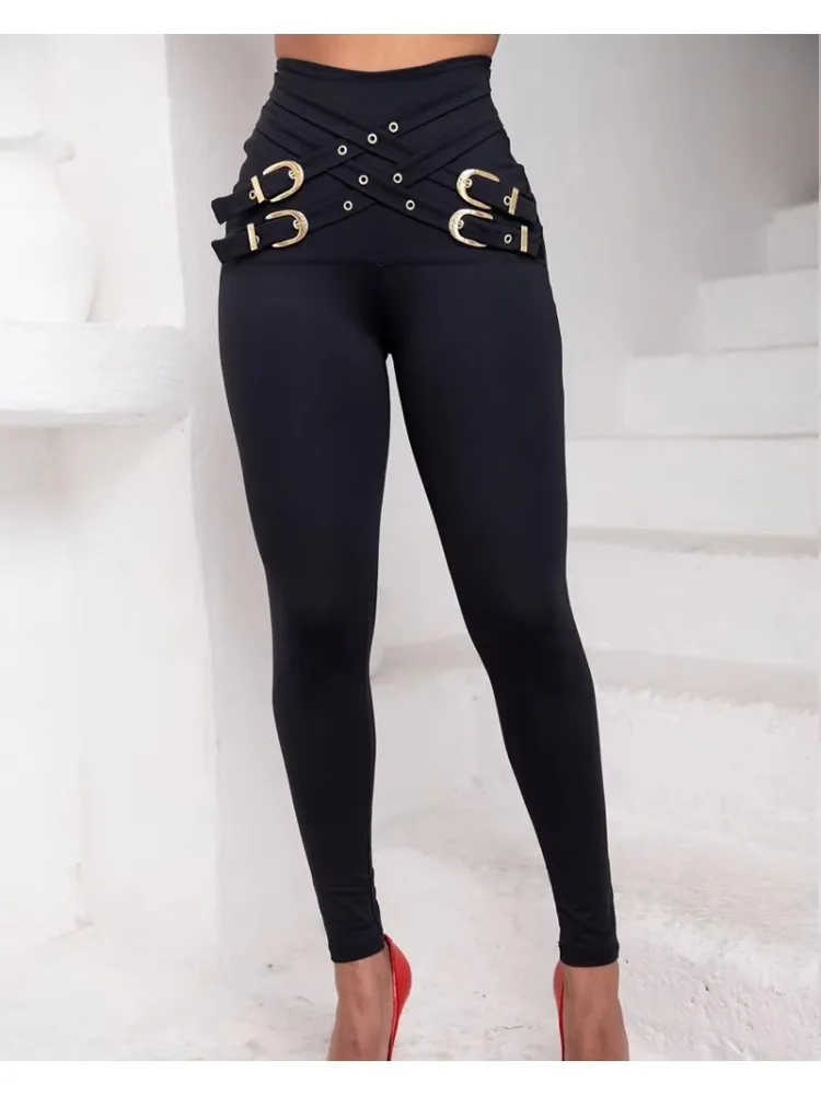 Casual Women's Trousers 2024 Autumn Latest Criss Cross Buckled Decor High Waist Skinny Pants Solid Color Legging Pant Streetwear