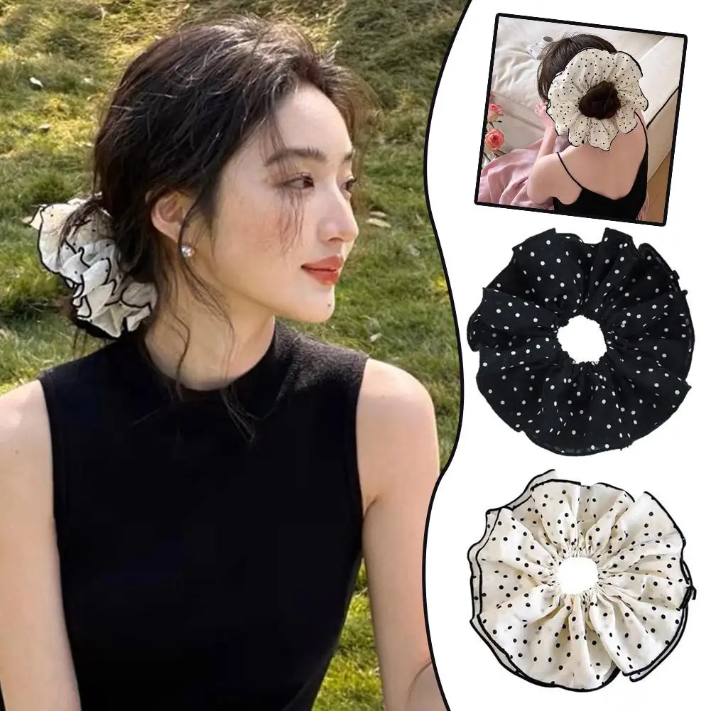 

Black And White Dot Hair Scrunchies Large Pleated Satin Gentle Temperament Hair Accessories High-end Headdress ﻿